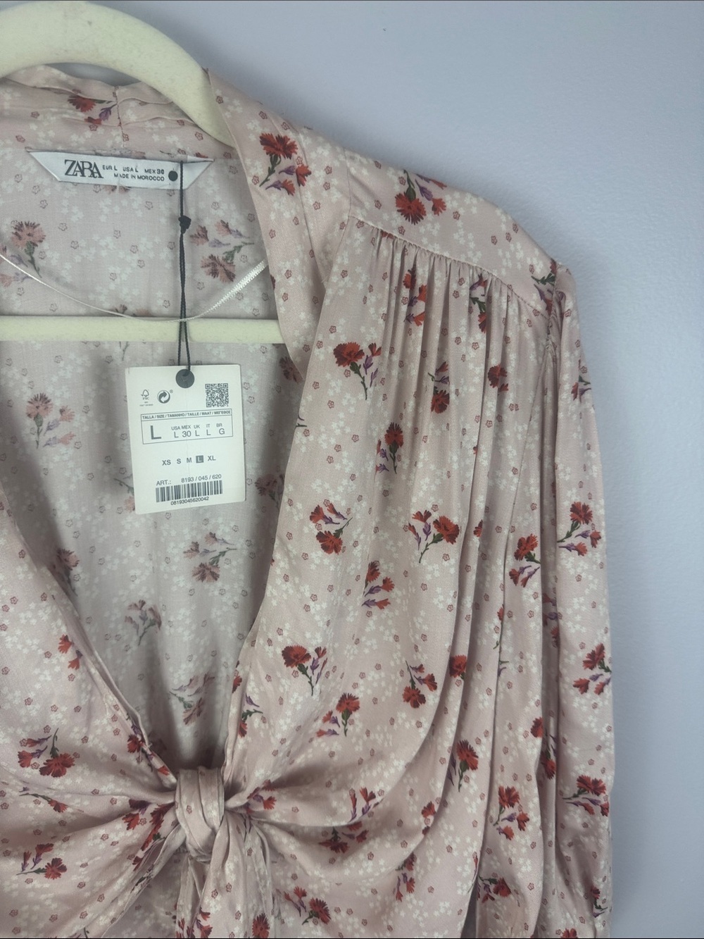 NWT Zara Floral Tie-Front Puff Sleeve Cropped Blouse - Mauve Pink - Size L - Picture 8 of 11